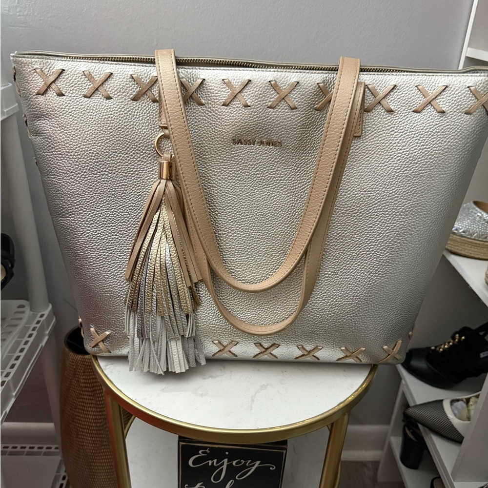 Sassy Jones Ariana Silver and Tan Women's Leather & Suede Tote Bag